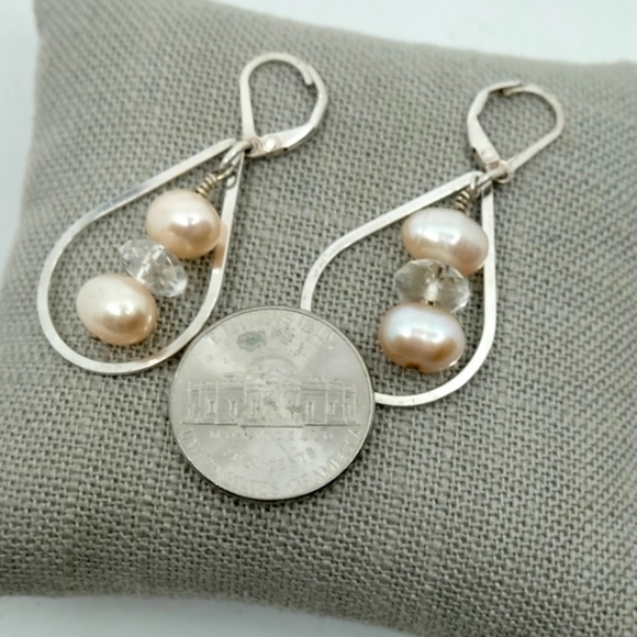 PINK FRESHWATER PEARL & SWAROVSKI CRYSTAL STERLING SILVER DROP DANGLE EARRINGS - Picture 4 of 4